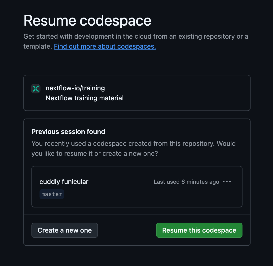 Reprendre un GitHub Codespace